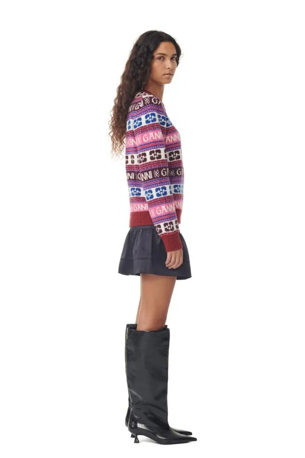 Clothing GANNI Knitwear Pink Logo Wool Mix Oneck Pullover Multicolour Clothing GANNI Knitwear Pink Logo Wool Mix Oneck Pullover Multicolour