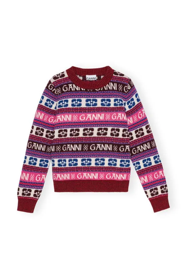 Clothing GANNI Knitwear Pink Logo Wool Mix Oneck Pullover Multicolour Clothing GANNI Knitwear Pink Logo Wool Mix Oneck Pullover Multicolour