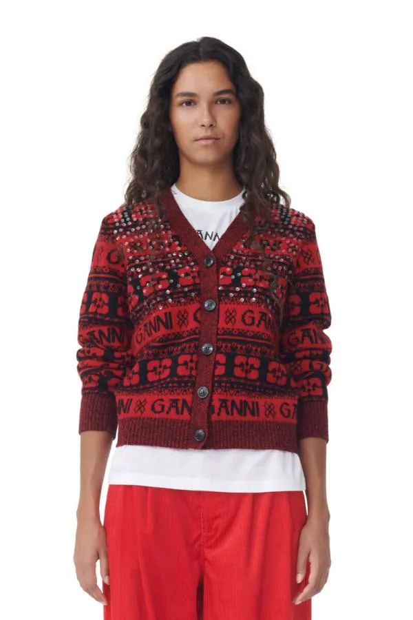 Clothing GANNI Knitwear Red Sequins Logo Wool Mix Cardigan High Risk Red