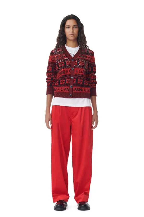 Clothing GANNI Knitwear Red Sequins Logo Wool Mix Cardigan High Risk Red Clothing GANNI Knitwear Red Sequins Logo Wool Mix Cardigan High Risk Red