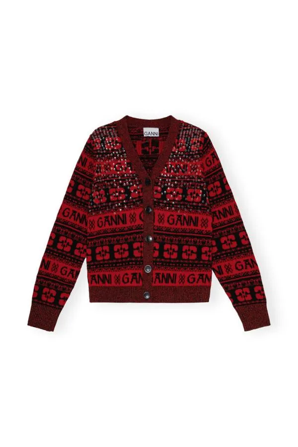 Clothing GANNI Knitwear Red Sequins Logo Wool Mix Cardigan High Risk Red Clothing GANNI Knitwear Red Sequins Logo Wool Mix Cardigan High Risk Red