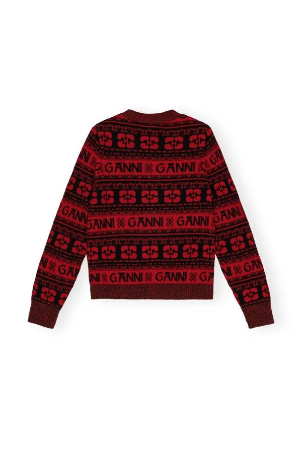 Clothing GANNI Knitwear Red Sequins Logo Wool Mix Cardigan High Risk Red Clothing GANNI Knitwear Red Sequins Logo Wool Mix Cardigan High Risk Red