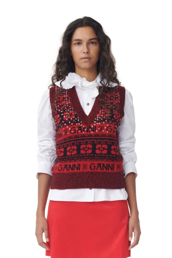 Clothing GANNI Knitwear Red Sequins Logo Wool Mix Vest High Risk Red