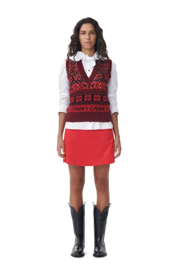 Clothing GANNI Knitwear Red Sequins Logo Wool Mix Vest High Risk Red Clothing GANNI Knitwear Red Sequins Logo Wool Mix Vest High Risk Red
