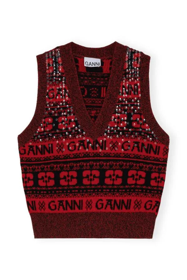 Clothing GANNI Knitwear Red Sequins Logo Wool Mix Vest High Risk Red Clothing GANNI Knitwear Red Sequins Logo Wool Mix Vest High Risk Red