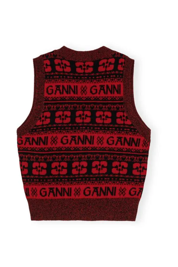Clothing GANNI Knitwear Red Sequins Logo Wool Mix Vest High Risk Red Clothing GANNI Knitwear Red Sequins Logo Wool Mix Vest High Risk Red