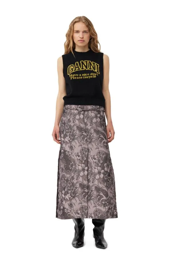 Clothing GANNI Skirts Rippled Jacquard Long Slit Skirt Black Lotus
