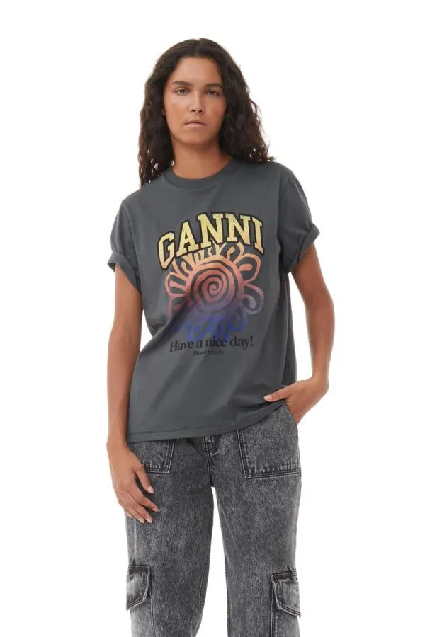 Clothing GANNI TShirts Grey Relaxed Flower Tshirt Volcanic Ash