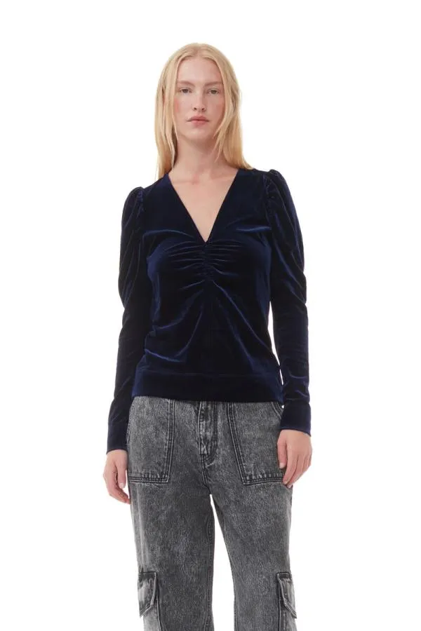Clothing GANNI Tops Blue Velvet Jersey Vneck Blouse Total Eclipse