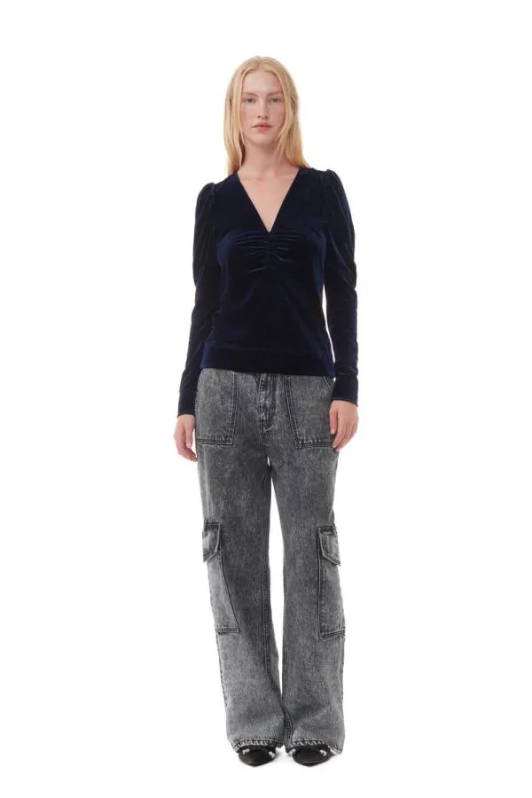 Clothing GANNI Tops Blue Velvet Jersey Vneck Blouse Total Eclipse