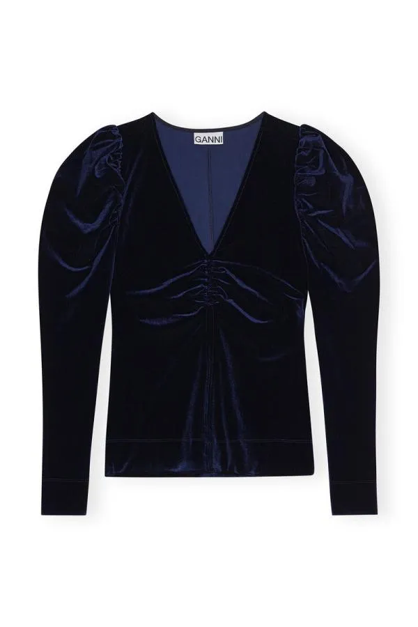Clothing GANNI Tops Blue Velvet Jersey Vneck Blouse Total Eclipse