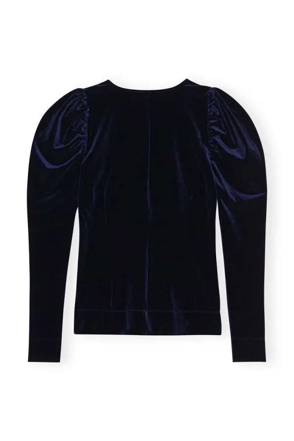 Clothing GANNI Tops Blue Velvet Jersey Vneck Blouse Total Eclipse