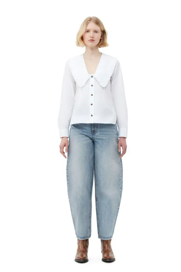 Clothing GANNI Tops Cotton Poplin Vneck Frill Collar Shirt Bright White