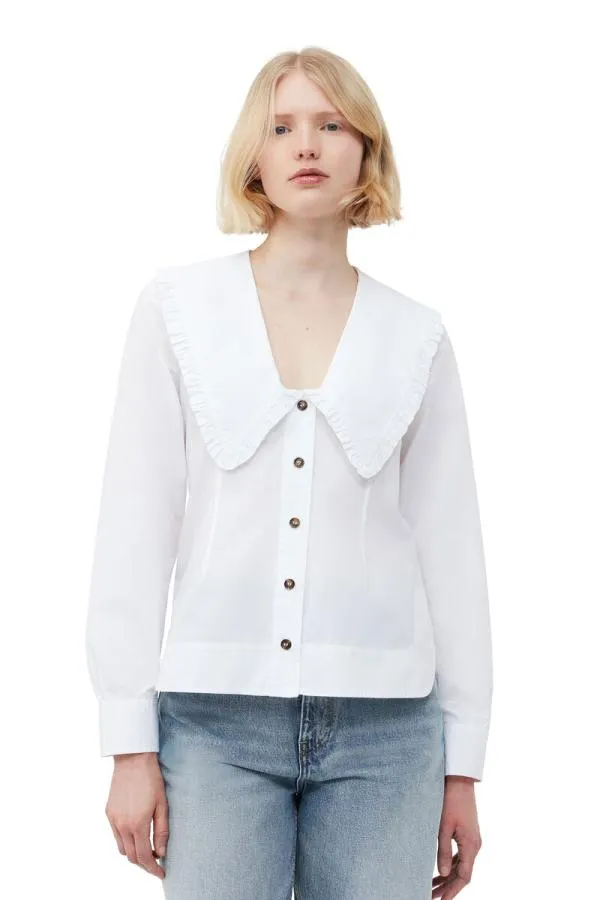 Clothing GANNI Tops Cotton Poplin Vneck Frill Collar Shirt Bright White Clothing GANNI Tops Cotton Poplin Vneck Frill Collar Shirt Bright White