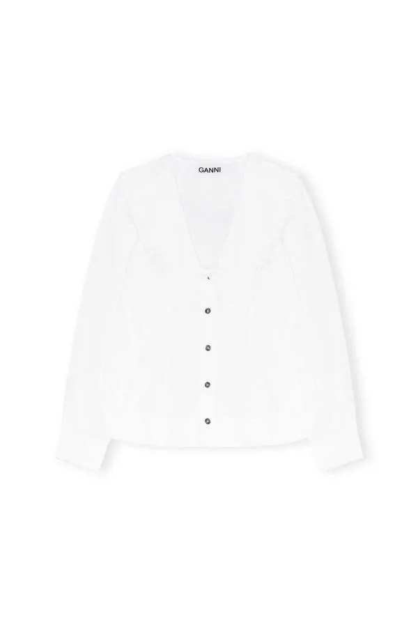 Clothing GANNI Tops Cotton Poplin Vneck Frill Collar Shirt Bright White Clothing GANNI Tops Cotton Poplin Vneck Frill Collar Shirt Bright White
