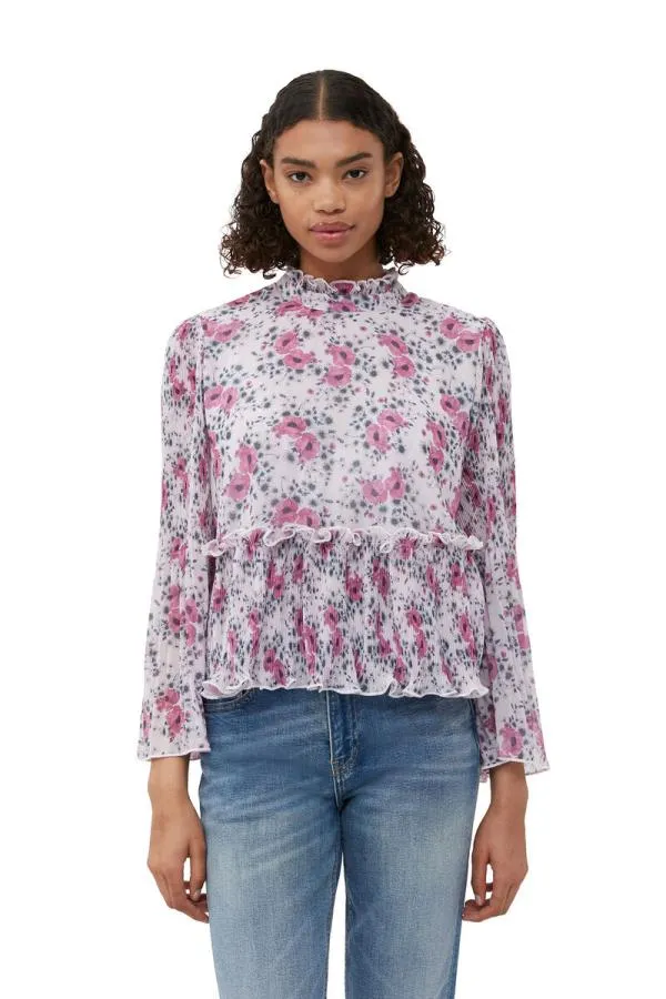 Clothing GANNI Tops Pleated Georgette Blouse Mauve Chalk