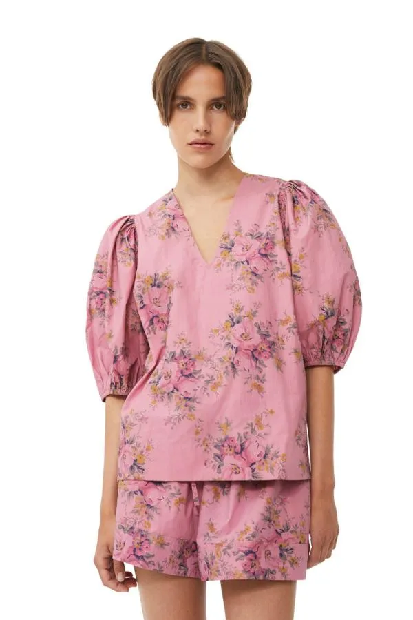 Clothing GANNI Tops Printed Cotton Vneck Blouse Orchid Smoke