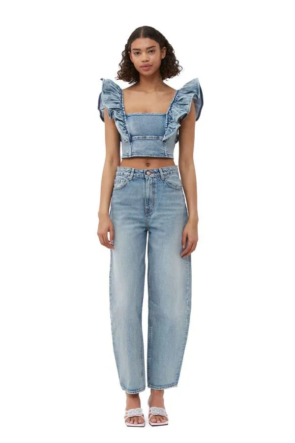 Clothing GANNI Tops Stretch Denim Ruffle Top Light Blue Vintage