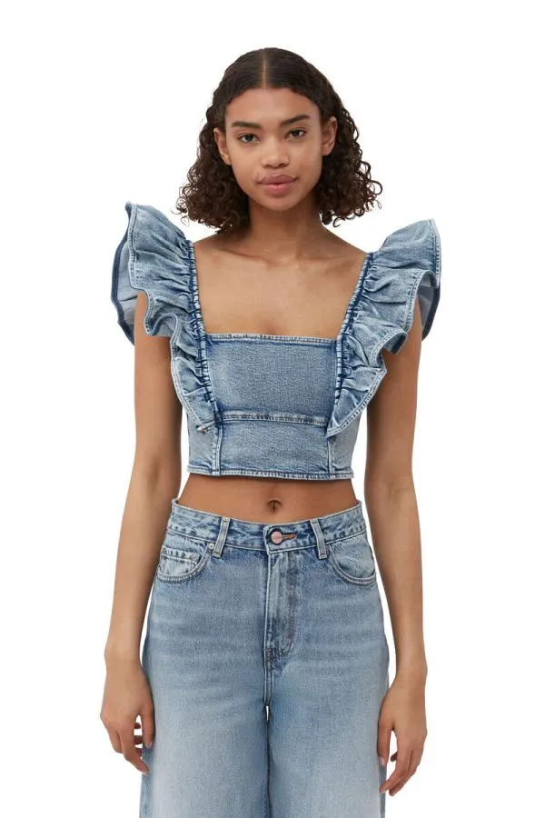 Clothing GANNI Tops Stretch Denim Ruffle Top Light Blue Vintage Clothing GANNI Tops Stretch Denim Ruffle Top Light Blue Vintage