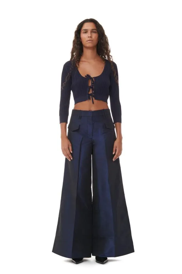 Clothing GANNI Trousers Blue Shiny Taffeta Wide Highwaisted Trousers Sodalite Blue