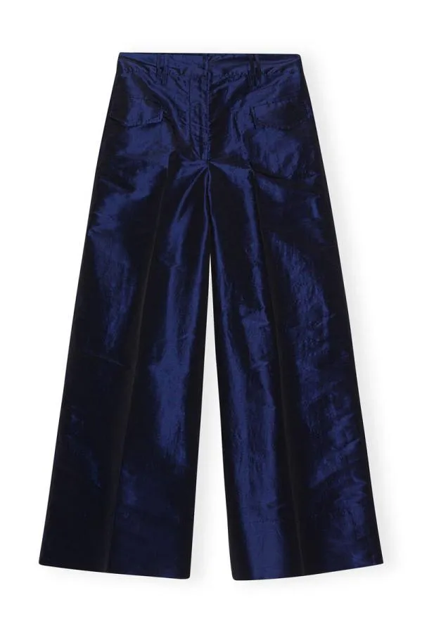 Clothing GANNI Trousers Blue Shiny Taffeta Wide Highwaisted Trousers Sodalite Blue