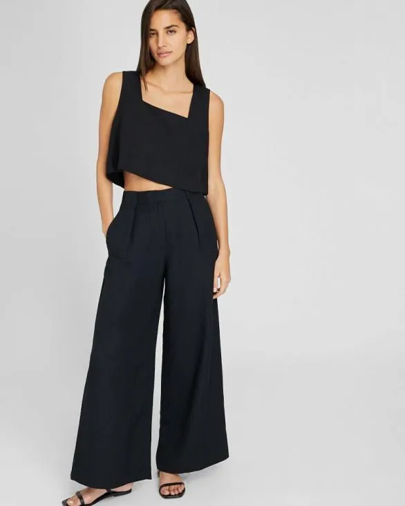 Club Monaco Pants Wide Leg Linen Blend Trouser Black 8211 Women