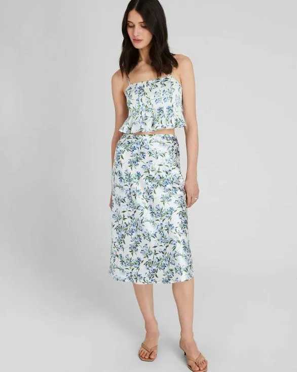 Club Monaco Skirts Floral Print Silk Charmeuse Midi Skirt Blue Print 8211 Women