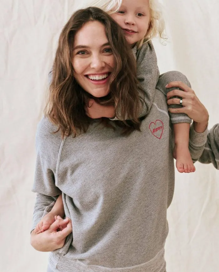 CollectionTees and Sweats The Great The Mom Embroidered College Sweatshirt Varsity Grey With Red