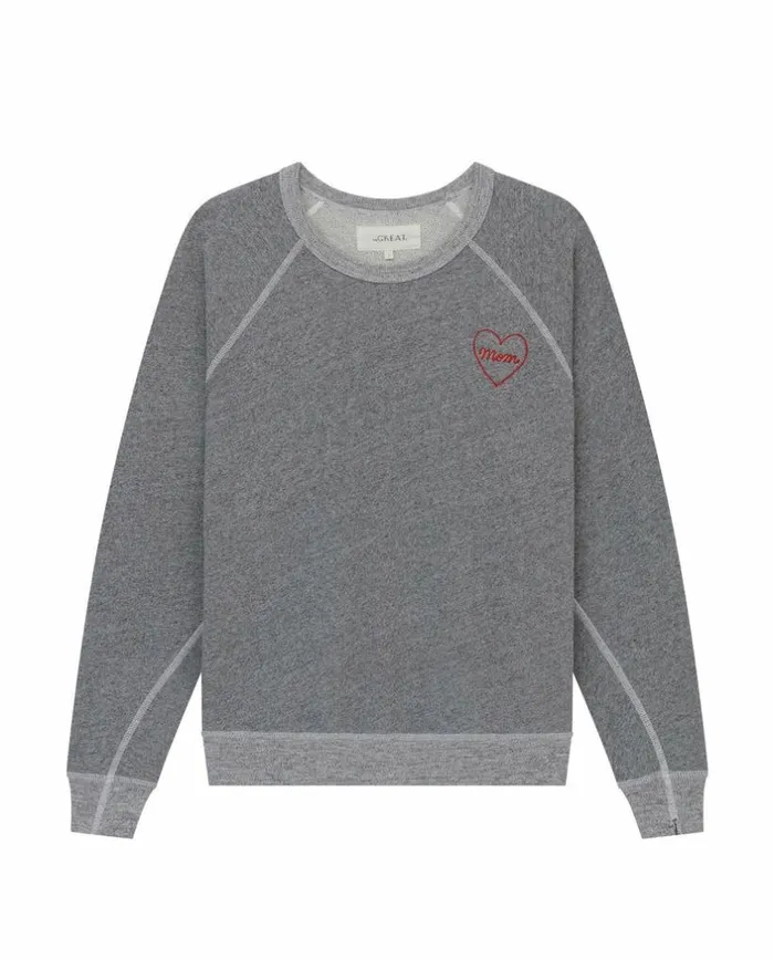 CollectionTees and Sweats The Great The Mom Embroidered College Sweatshirt Varsity Grey With Red
