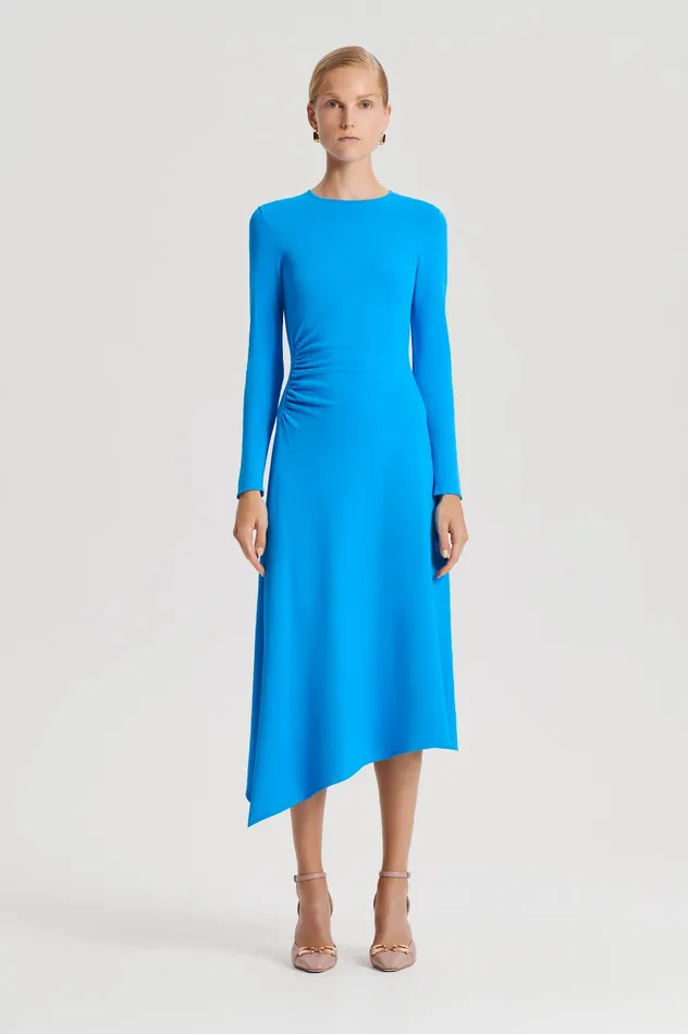 CREPE KNIT DRAPE GATHER DRESS SAPPHIRE Dresses Scanlan Theodore Women CREPE KNIT DRAPE GATHER DRESS SAPPHIRE Dresses Scanlan Theodore Women