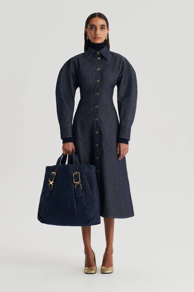 Denim Scanlan Theodore Women DENIM COCOON SLEEVE MIDI DRESS INDIGO B