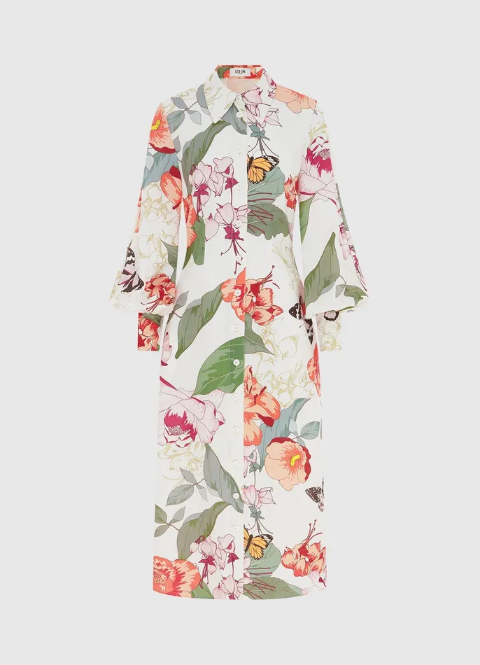 Dresses and Jumpsuits Cecilia Linen Midi Dress 8211 Lush Print in White 8211 LEO LIN Women