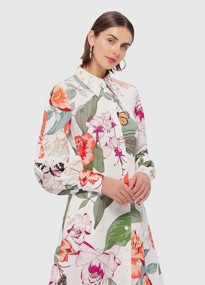 Dresses and Jumpsuits Cecilia Linen Midi Dress 8211 Lush Print in White 8211 LEO LIN Women
