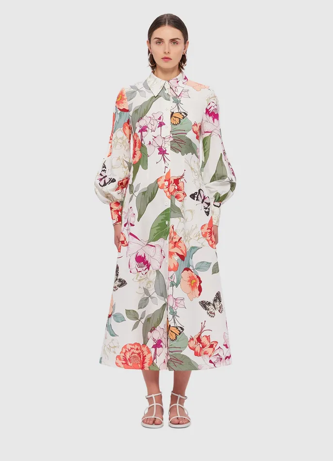 Dresses and Jumpsuits Cecilia Linen Midi Dress 8211 Lush Print in White 8211 LEO LIN Women