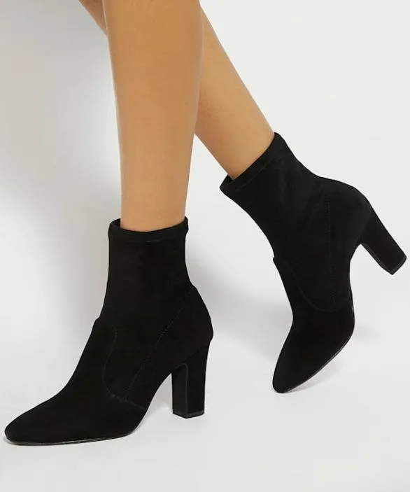 Dune London Black Boots Women Optilly Black Almond Toe Block Heel Sock Boots Black