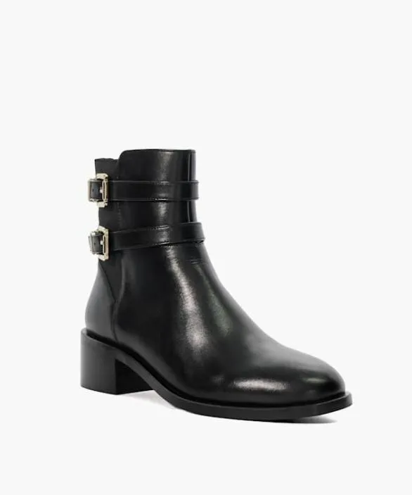 Dune London Black Boots Women Patter Black Leather Double Buckle Block Heel Boots Black