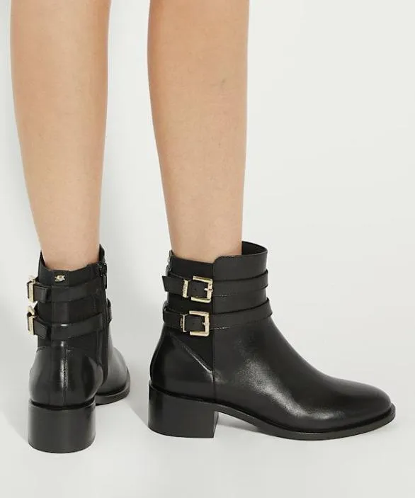 Dune London Black Boots Women Patter Black Leather Double Buckle Block Heel Boots Black