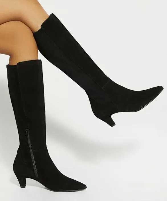 Dune London Black Boots Women Sera Black Low Suede KneeHigh Boots Black