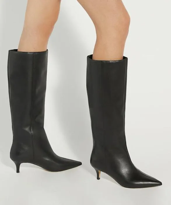 Dune London Black Boots Women Smooth Black Knee High Kitten Heel Boots Black
