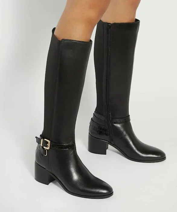 Dune London Black Boots Women Tilburies Black Leather Round Toe Knee High Boots Black