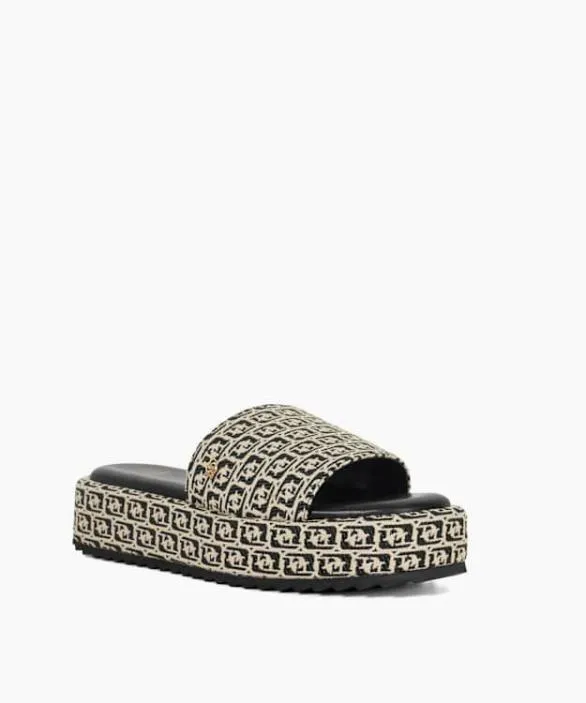 Dune London Black Sandals Women Lanie Black White Monogram Print Slip On Flatform Slider Black