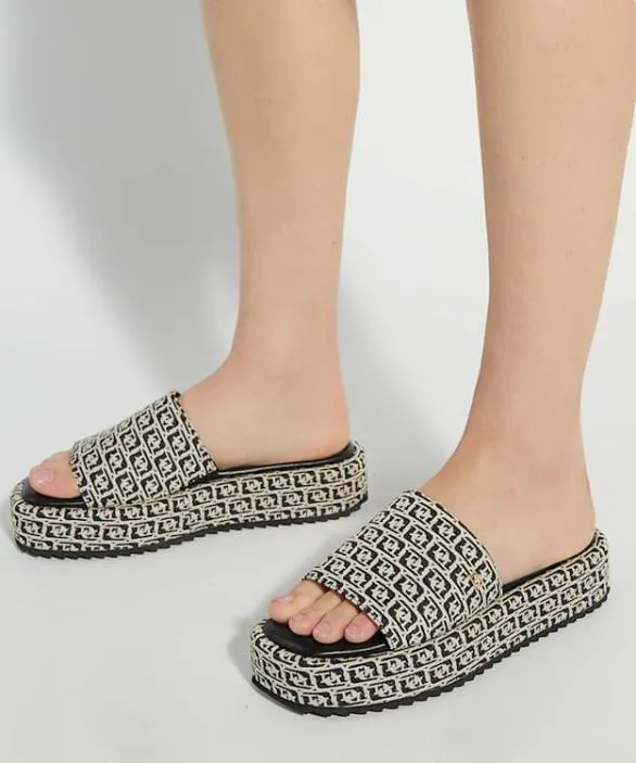 Dune London Black Sandals Women Lanie Black White Monogram Print Slip On Flatform Slider Black