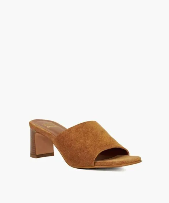 Dune London Block Heeled Sandals Women Jule Tan Suede Open Toe Heel Mules Brown