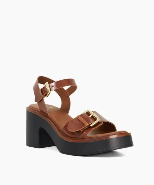Dune London Block Heeled Sandals Women Jupiter Tan Leather Open Toe Platform Sandals Neutral