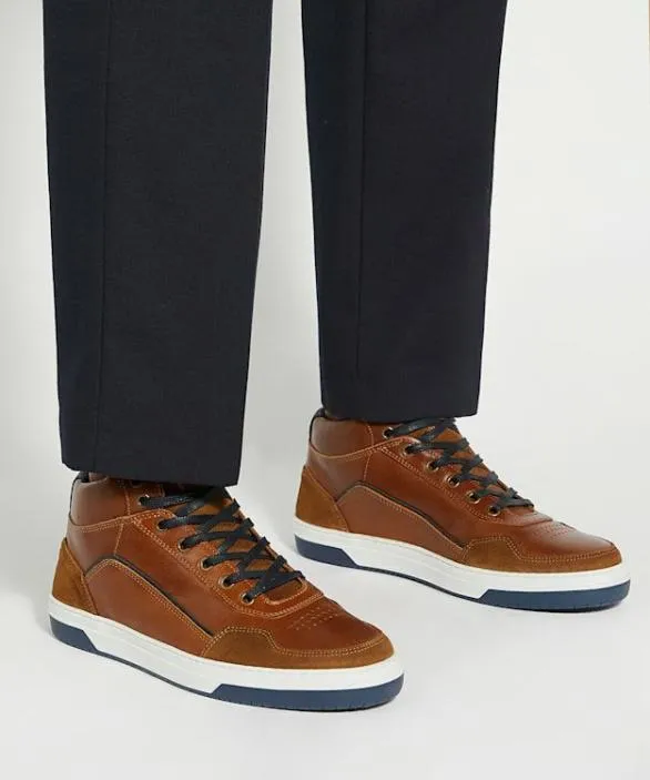 Dune London Brown Shoes Men Sydnies Tan Contrast Perforated High Top Trainers Brown