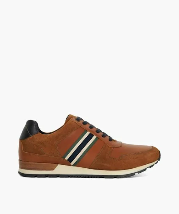 Dune London Brown Shoes Men Talay Tan Leather Trainers With Canvas Stripe Brown Dune London Brown Shoes Men Talay Tan Leather Trainers With Canvas Stripe Brown