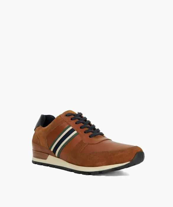 Dune London Brown Shoes Men Talay Tan Leather Trainers With Canvas Stripe Brown