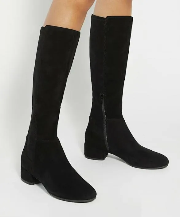 Dune London Flat Boots Women Tayla Black Suede Stretch KneeHigh Boots Black Suede