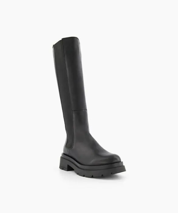 Dune London Flat Boots Women Tempas Black ChunkySole Leather KneeHigh Boots Black