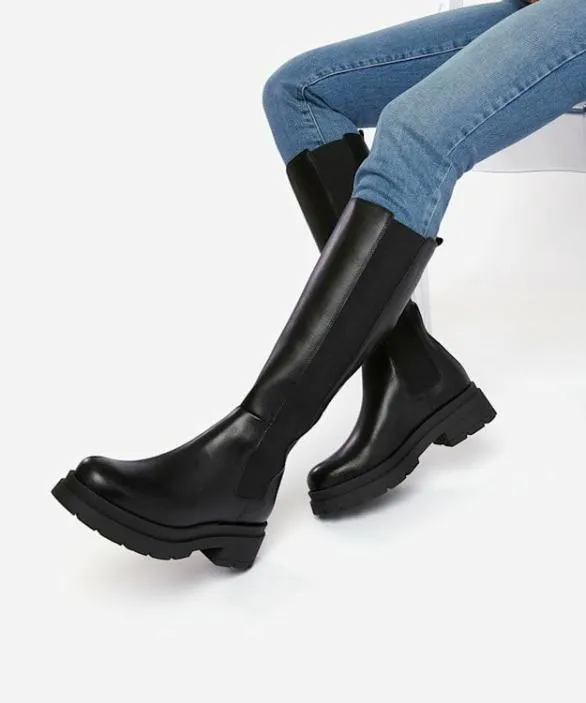 Dune London Flat Boots Women Tempas Black ChunkySole Leather KneeHigh Boots Black